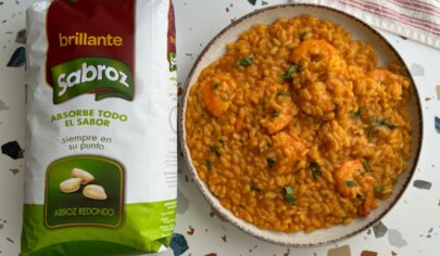 Presentación de Arroz meloso con gambones thermomix